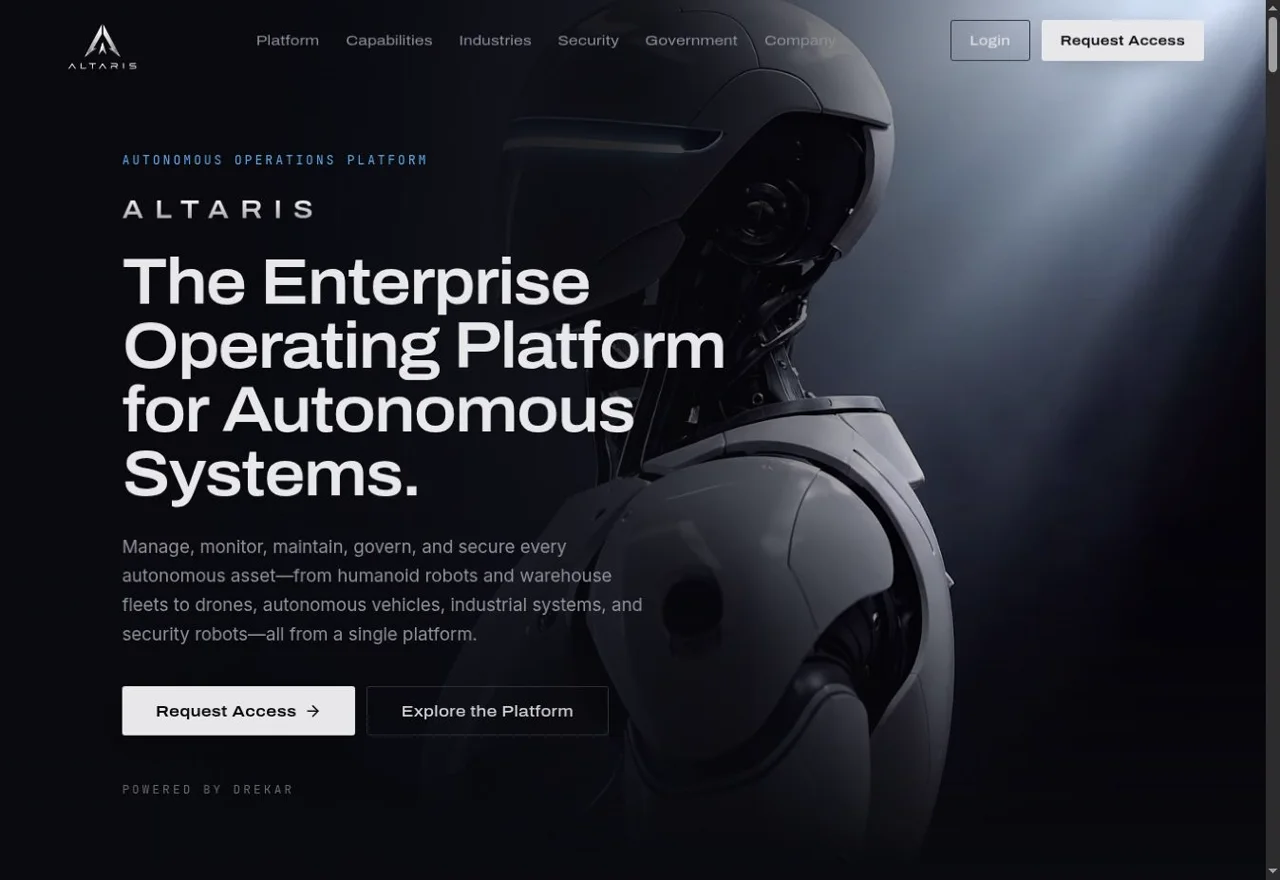 Altaris website on desktop, showing the autonomous operations platform hero