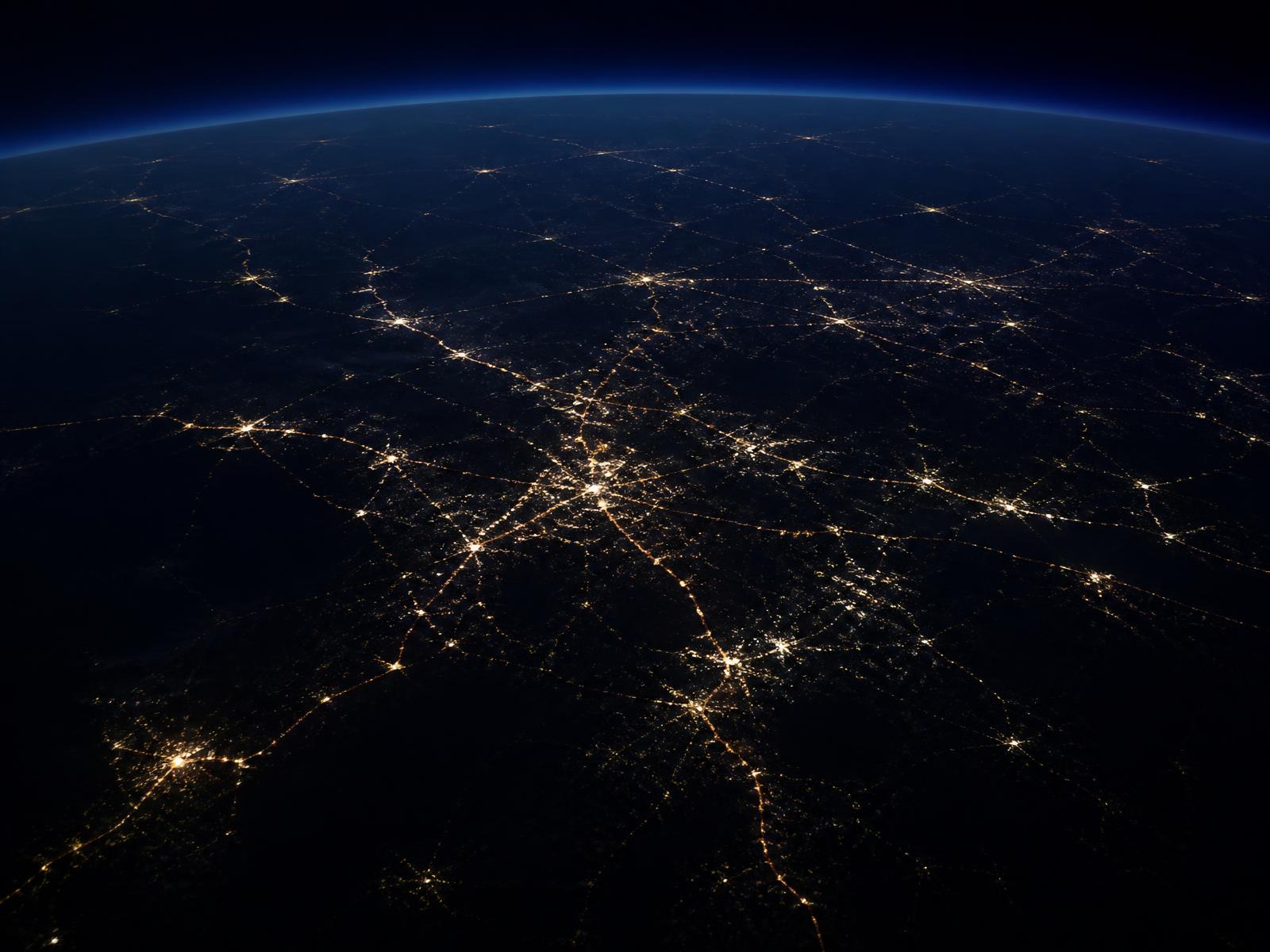 Illuminated ground-transport network seen from high altitude at night