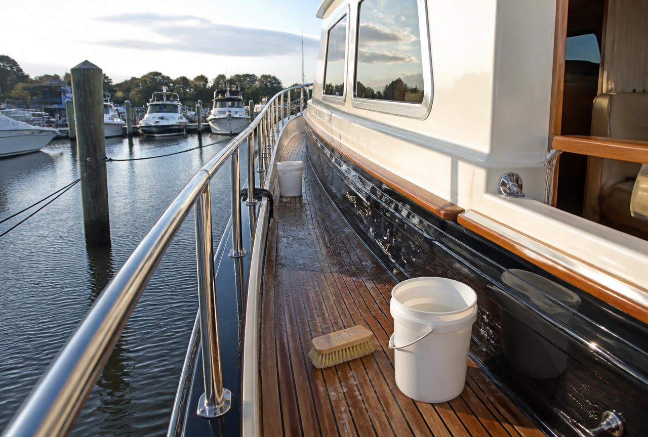 Teak deck and stainless brightwork of a motor yacht being cleaned at a marina slip