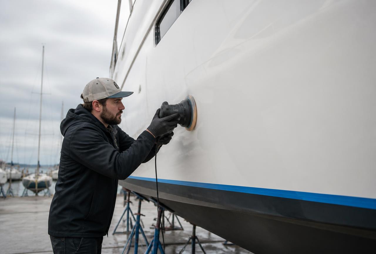 Marine technician polishing the hull of a yacht hauled out at a boatyard